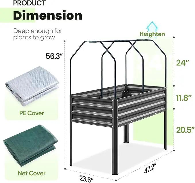 KING BIRD Large Raised Garden Bed with Cover & Netting Galvanized Elevated Planter Box with Legs 48×24×56 in for Backyard, Patio, Balcony, 400lb Capacity, Dark Grey by GreenHaven Gardens