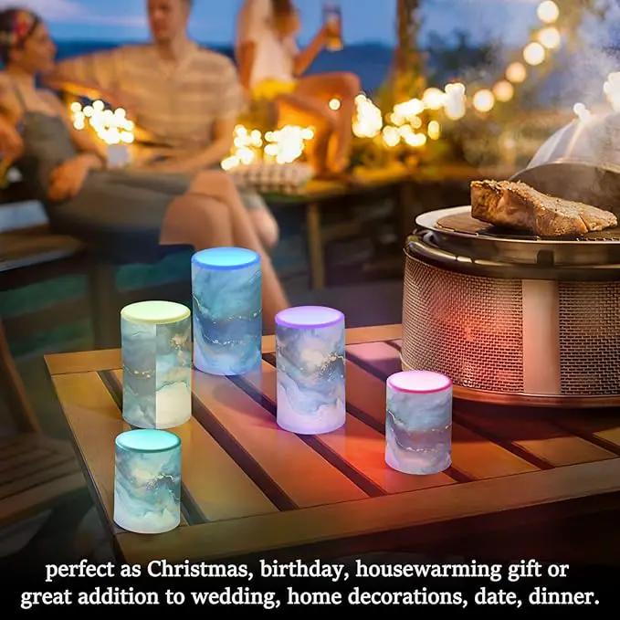 Flickering Flameless Candles, Marble Navy Blue LED Candles with Remote Timer, Set of 2 Battery Operated Candle for Valentine Wedding Birthday by GreenHaven Gardens