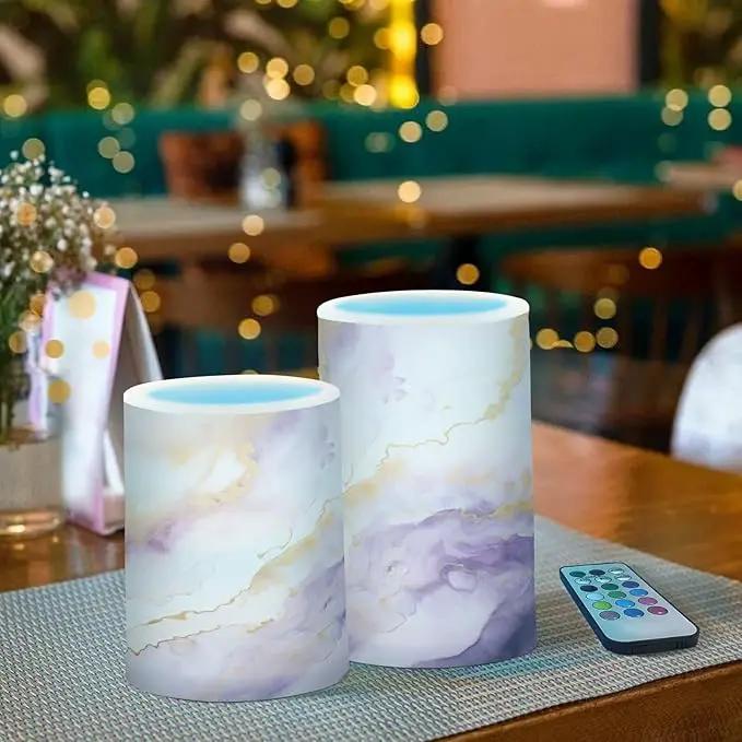 Flickering Flameless Candles, Purple Gold Marble LED Candles with Remote Timer, Set of 2 Battery Operated Candle for Valentine Wedding Birthday by GreenHaven Gardens