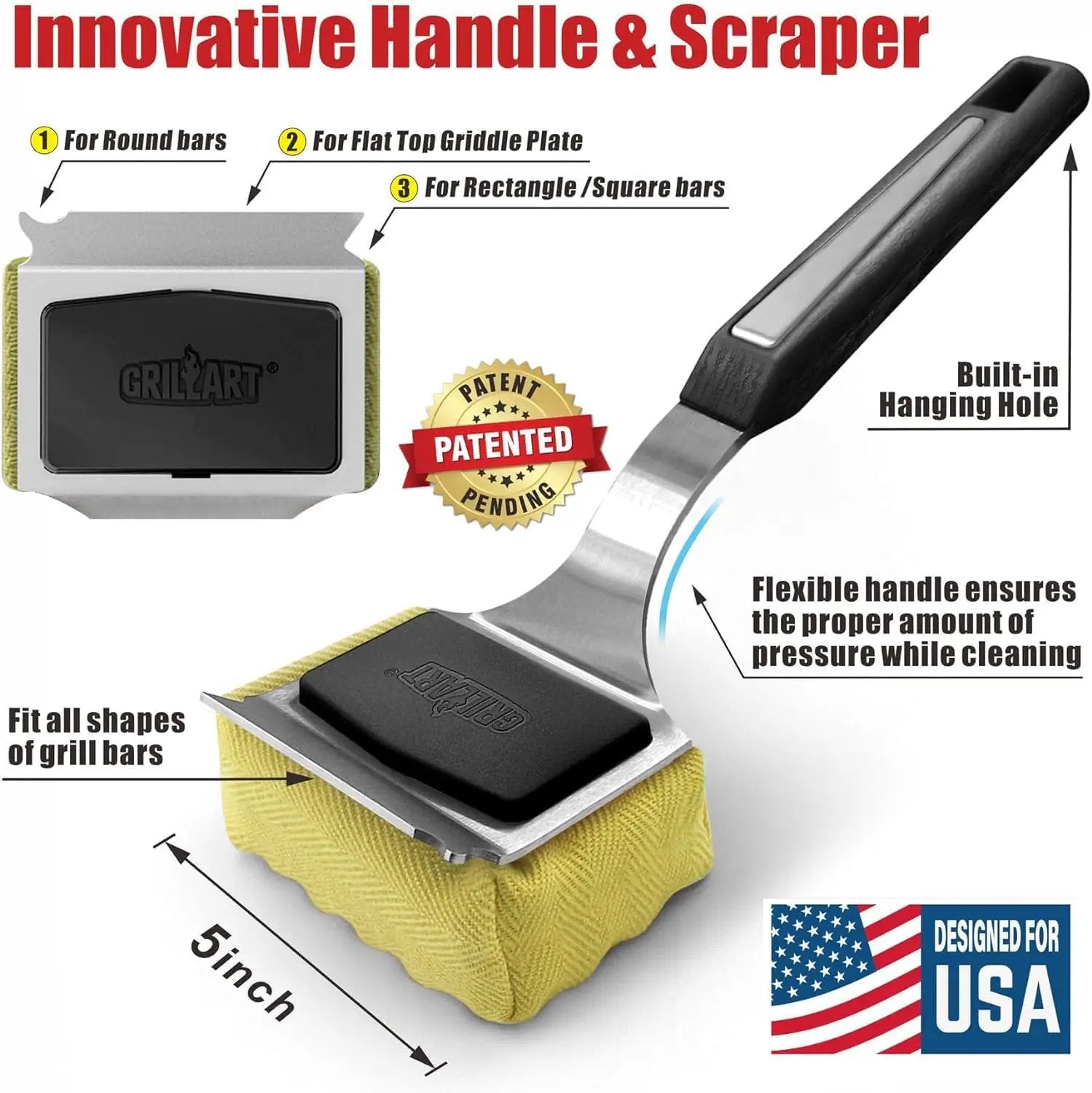 GRILLART Grill Brush Bristle Free. Upgraded BBQ Replaceable Cleaning Head, Seamless-Fitting Scraper Tools for Cast Iron/Stainless-Steel Grates Griddle, Safe Barbecue Grill Cleaner-Black by GreenHaven Gardens