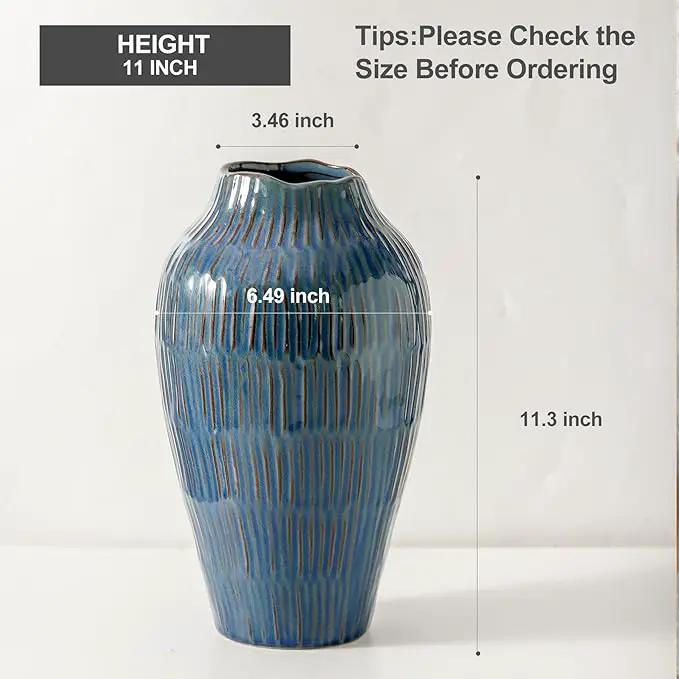 Blue Ceramic Vase for Home Decor,11.6 Inch Flower Vase，Decorative Vases for Pampas Grass，Modern Art Texture Vases for Home Entryway Living Room Dining Table Farmhouse Office Decor-Blue by GreenHaven Gardens
