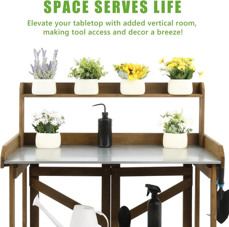 Folding Garden Potting Bench Table，Outdoor Wooden Work Station W/Metal Table Top,2 Tier Open Storage Rack,Top Shelf-Natural Stained by GreenHaven Gardens