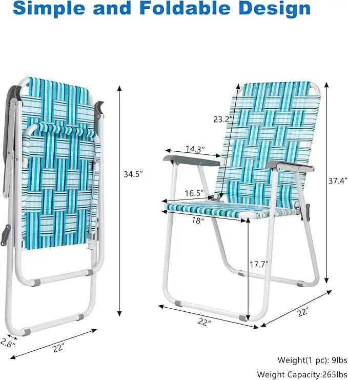 VINGLI Patio Lawn Webbed Folding Chairs Set of 2, Outdoor Beach Chair Portable Dining Chair for Outdoor Yard, Garden (White & Blue, Classic) by GreenHaven Gardens