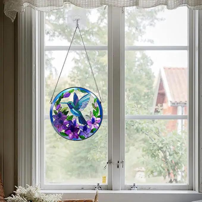 Stained Glass Sun Cather for Window Hanging, 6.3'' Hummingbird Window Ornament for Indoor Outdoor, Hand Painted Stain Glass Gift for Women, Bird Nature Lovers by GreenHaven Gardens