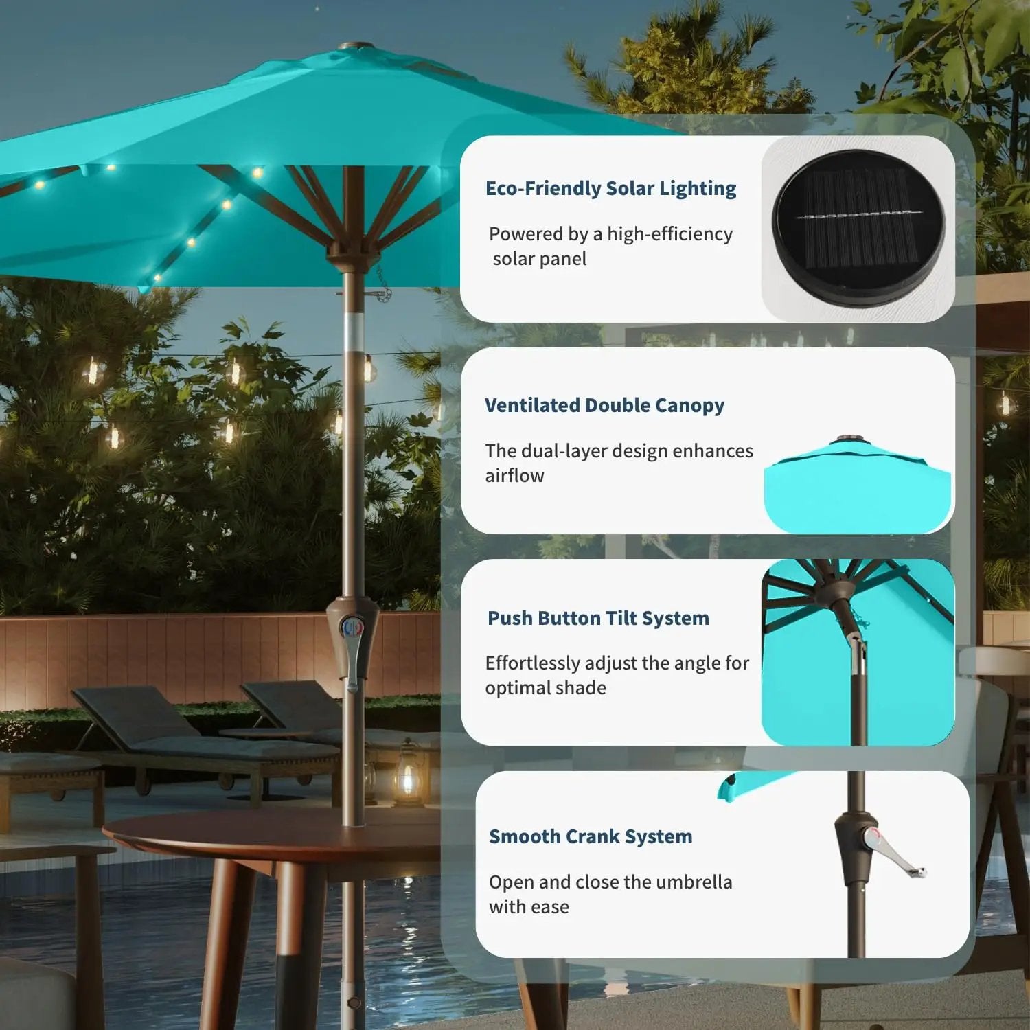 9FT Solar Umbrella 32 LED Lighted Patio Umbrella Table Market Umbrella w/Tilt and Crank, UV-Resistant Outdoor Umbrella for Pool, Garden, Deck, Aqua Blue by GreenHaven Gardens