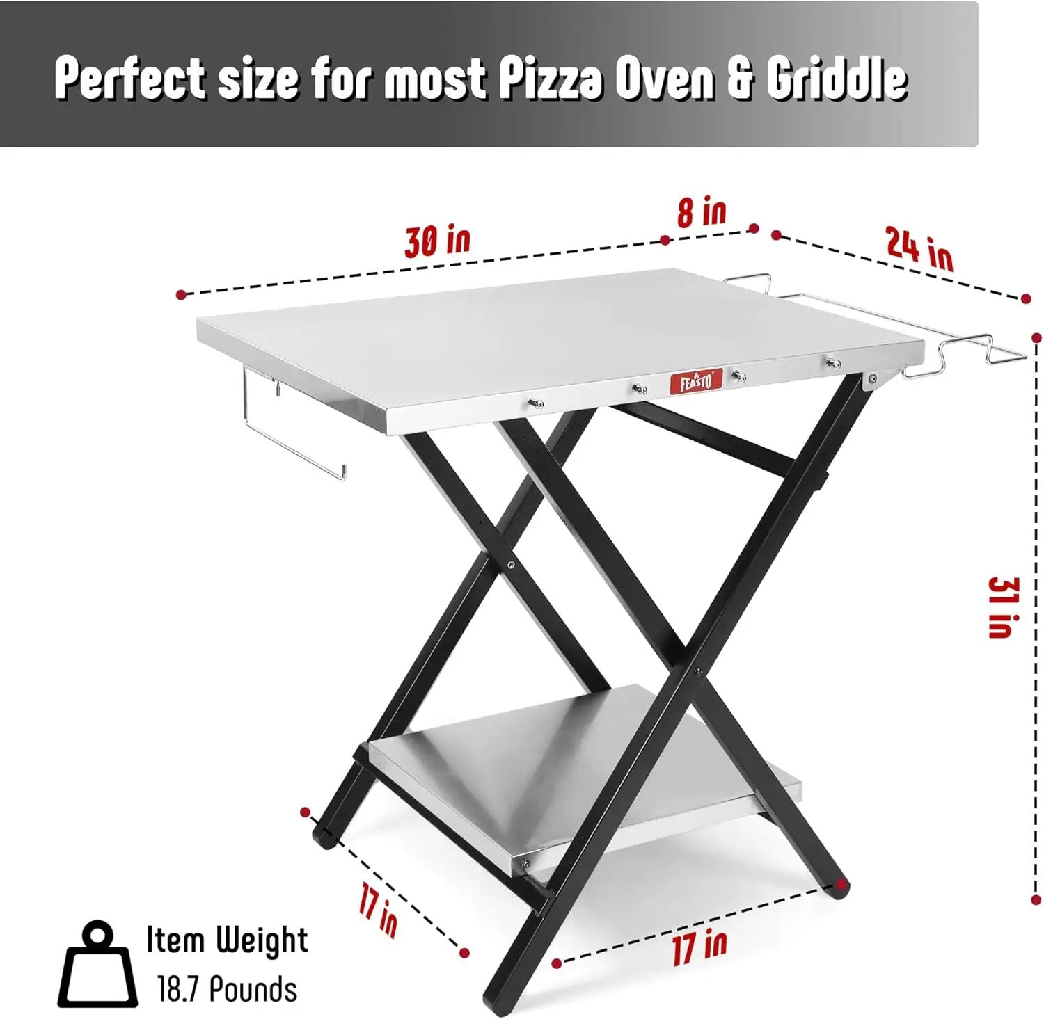 Outdoor Grill Table, Foldable Pizza Oven Stand & Blackstone Griddle Stand with Garage Rack & Tissue Holder, Folding Outdoor Prep Table for Gathering and Party, 30" x 24", Stainless Steel by GreenHaven Gardens