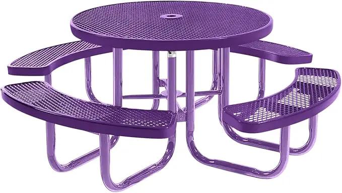 Heavy-Duty Portable Outdoor Picnic Table with Umbrella Hole, Expanded Metal Commercial-Grade Patio Furniture Made in America (46" Round Top, Purple with Purple Frames) by GreenHaven Gardens