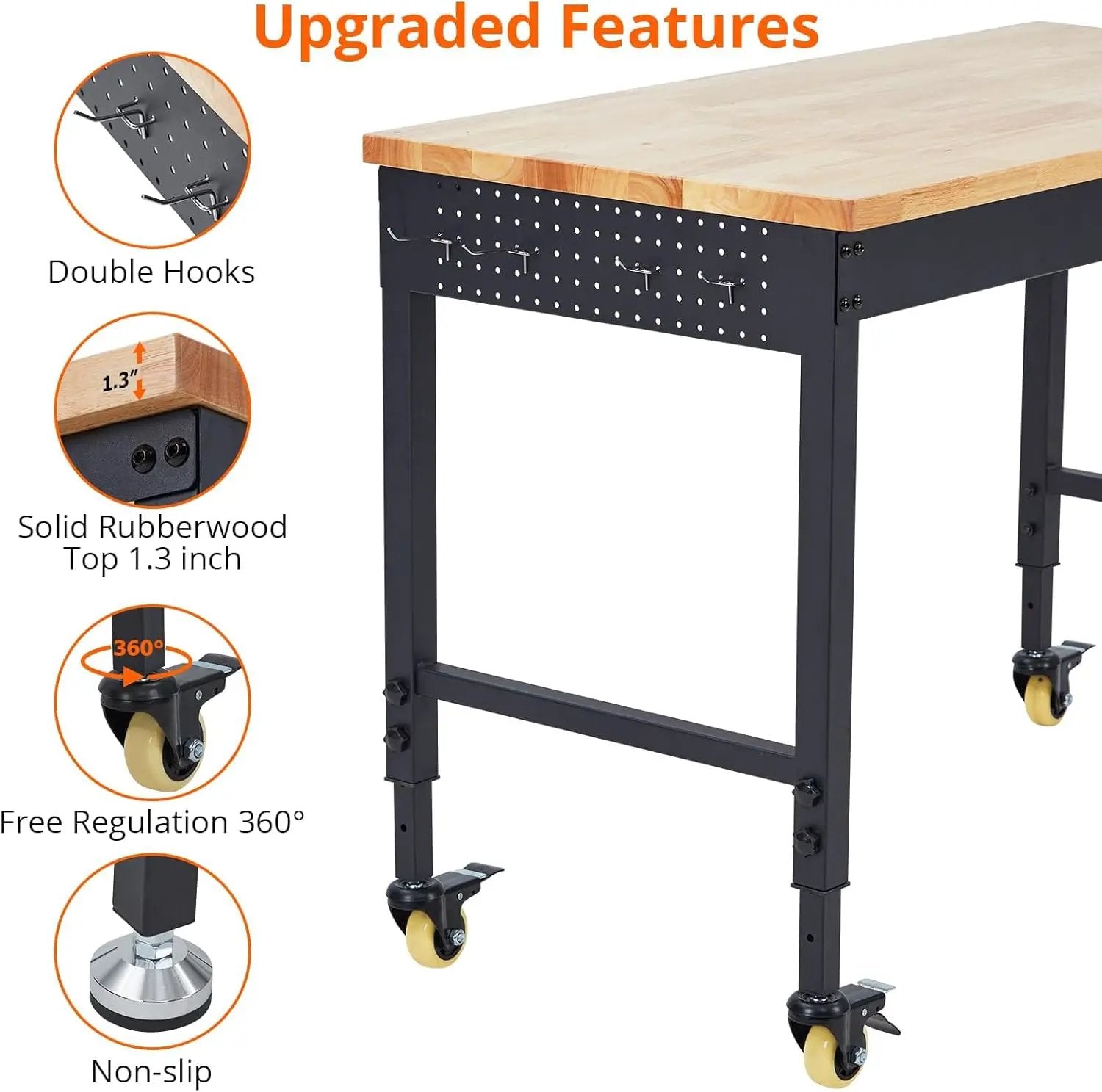 60'' Adjustable Workbench, Heavy Duty Workbench with Power Outlet and Lockable Wheels, 2000 LBS Capacity, Work Table Suitable for Office, Garage, Workshop by GreenHaven Gardens
