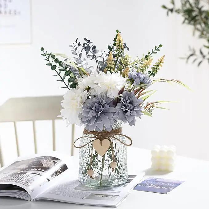 Fake Flowers Artificial Blue Flowers with Vase, Table Centerpieces for Dining Room, Silk Flower Arrangements for Home, Living Room Bathroom Plant Decor, Centerpiece Table Decorations by GreenHaven Gardens