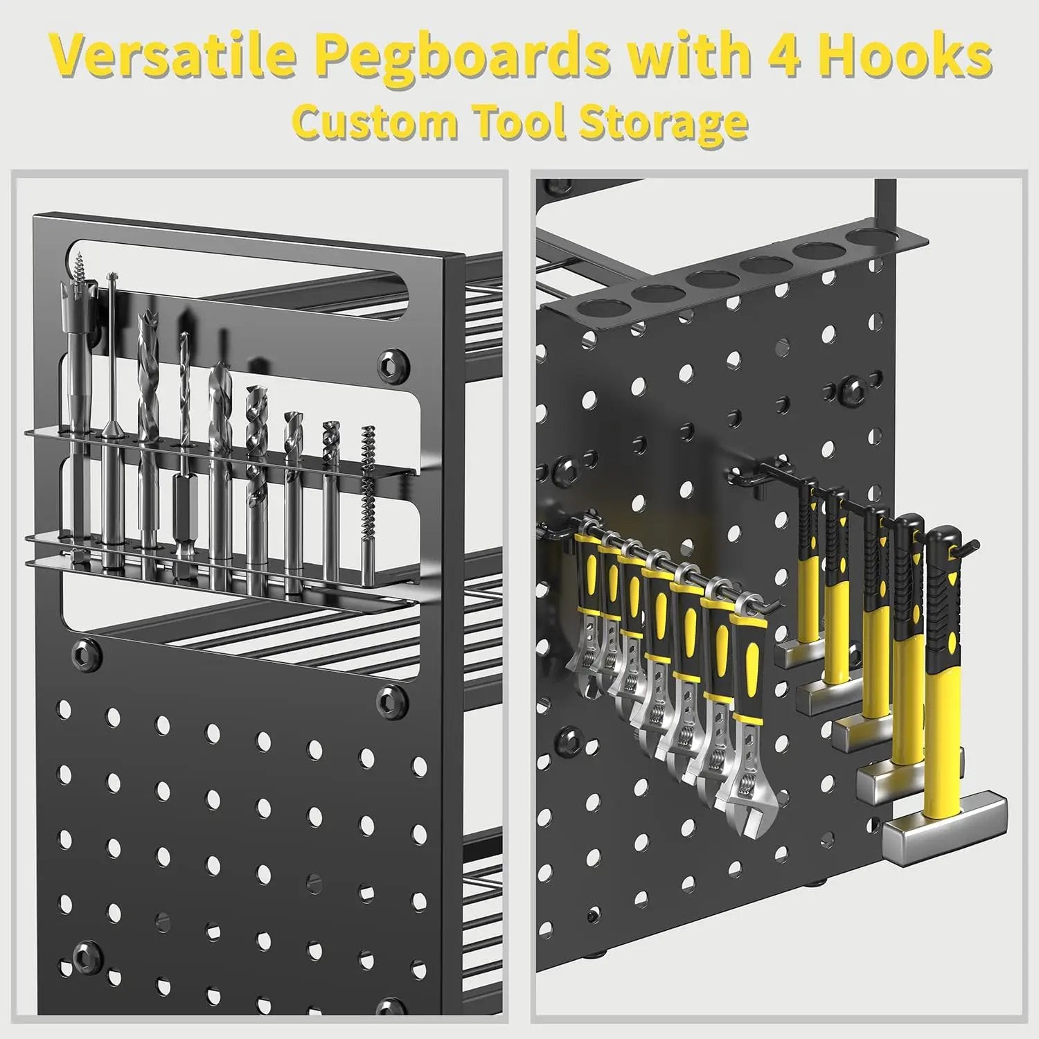 Power Tool Organizer Wall Mount, 49" Heavy Duty 4-Tier Garage Storage Shelf with 12 Drills Holder, Pegboard Side Panels,4 Long Hooks, Large Tool Battery Holder Metal Tool Shelf Rack by GreenHaven Gardens