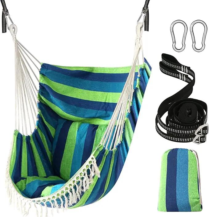 Chihee Hammock Chair Hanging Swing 2 Pillows Included,Strong Webbing Straps and Hooks for Easy Hanging Soft Cotton Hanging Chair Side Pocket Tassel Chair Comfort Indoor Outdoor Blue Green by GreenHaven Gardens