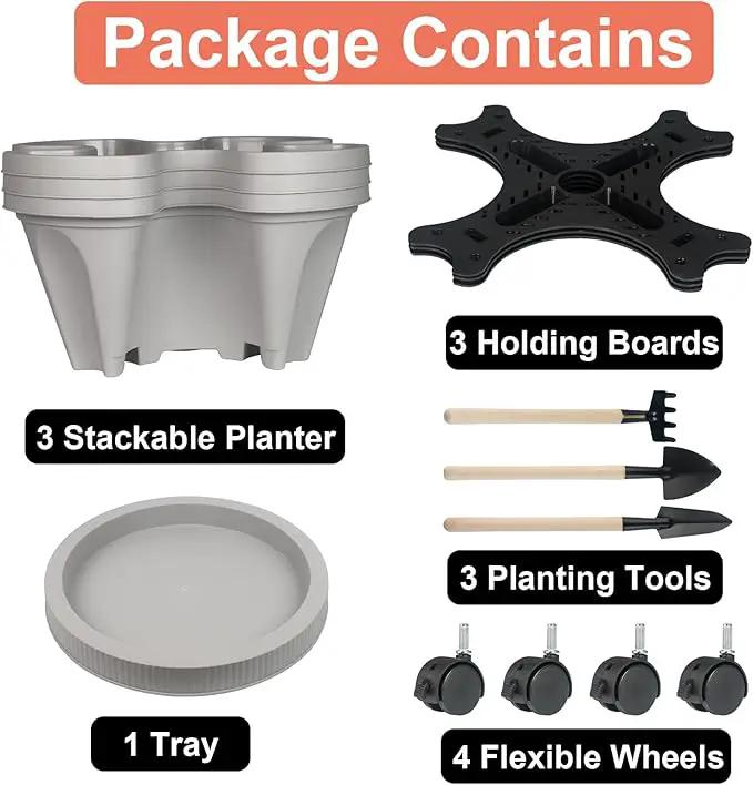 Vertical Planter 3 Tier Stackable Planters Garden Planters Strawberry Herb Flower and Vegetable Planter Indoor Outdoor Gardening Pots with Removable Wheels and Tools by GreenHaven Gardens
