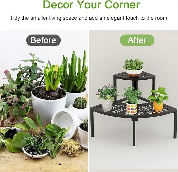 aboxoo 2 Tier Plant Stand Flower Pot Rack for Patio,Metal Stair-Step Style Corner Shelf Planters,Hevay Duty Plant Stand,Quarter Round Display Holder for Indoor Outdoor Use(Black) by GreenHaven Gardens