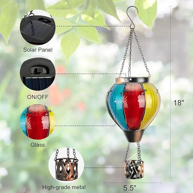 pearlstar Hot Air Balloon Solar Lantern with Flickering Flame Light Outdoor Solar Hanging Lights Waterproof for Garden Yard Farmhouse Patio Pathway Outside Decoration,Glass, Rainbow by GreenHaven Gardens