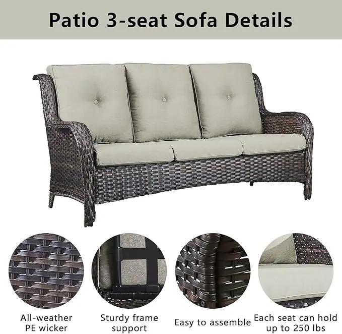 Wicker Patio Furniture Sets - 8 Piece Outdoor Rattan Furniture Conversation Sets with 4 Swivel Rocker Chairs, Rattan Sofa, Wicker Ottomans and Coffee Table, Brown/Beige by GreenHaven Gardens