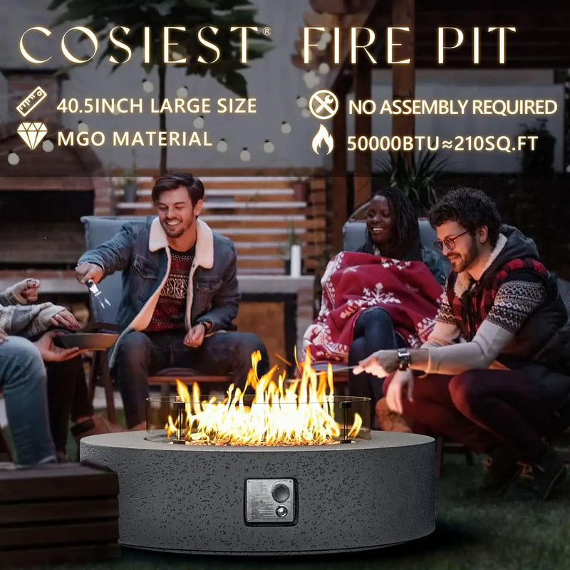 COSIEST 42 inch Outdoor Propane Fire Pit Coffee Table w Concrete Round Base Patio Heater, CSA Certified, 50,000 BTU Stainless Steel Burner, Free Lava Rocks, Rain Cover, Wind Guard, Tank Cover, Gray by GreenHaven Gardens
