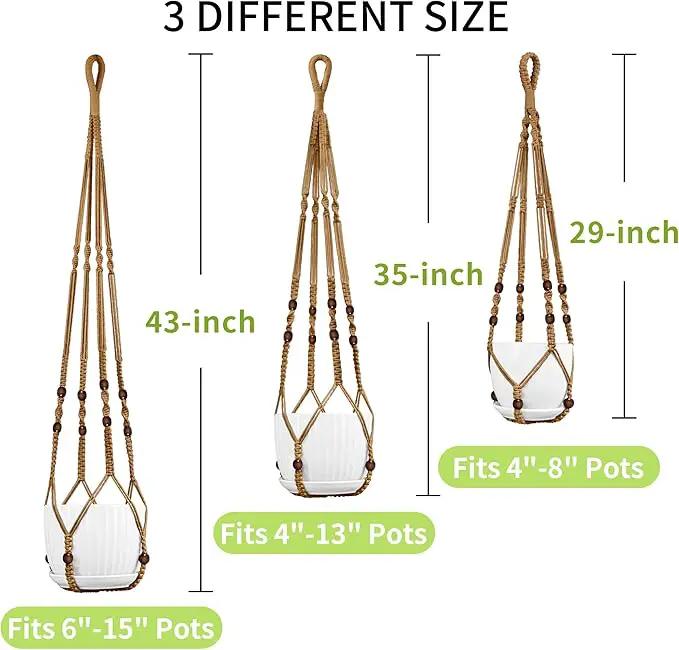 3 Pack Macrame Plant Hanger - 43"/35"/29" Different Sizes, Hanging Planter Basket Flower Pot Holder for Indoor Outdoor, with Wood Beads, Boho Home Decor, Brown (POTS NOT Included) by GreenHaven Gardens
