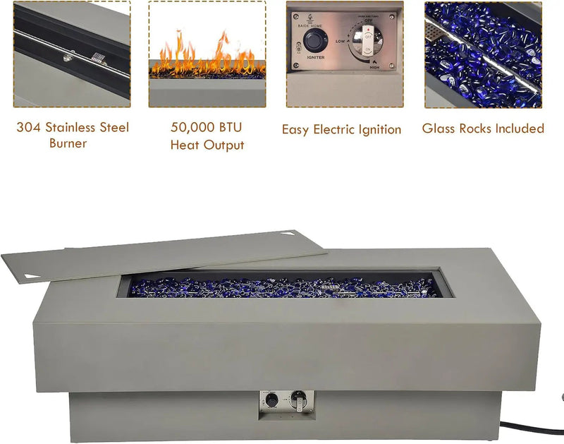 48-inch Fire Table with Natural Gas Conversion Kit, 50,000BTU Outdoor Modern Patio Fire Pit Table w/Rectangular Burner Lid, Glass Rocks, Cover by GreenHaven Gardens