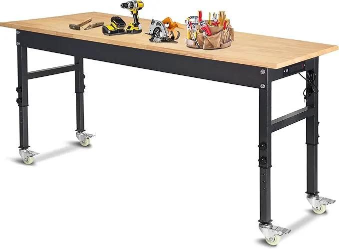 60" Adjustable Work Bench, Rubber Wood Top Workbench Heavy-Duty Work Table with Power Outlet with Wheels, 2000 LBS Load Capacity Hardwood Work Benches for Garage, Workshop, Home, Office, Easy Assembly by GreenHaven Gardens