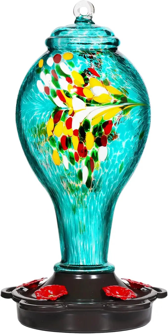 LUJII Hummingbird Feeder for Outdoors, Hand Blown Glass Humming Bird Feeder, Anti Fade Leakproof with 25 Ounces Nectar Capacity, Easy to Install Clean Refill, Include Hook & Ant Moat (Teal) by GreenHaven Gardens