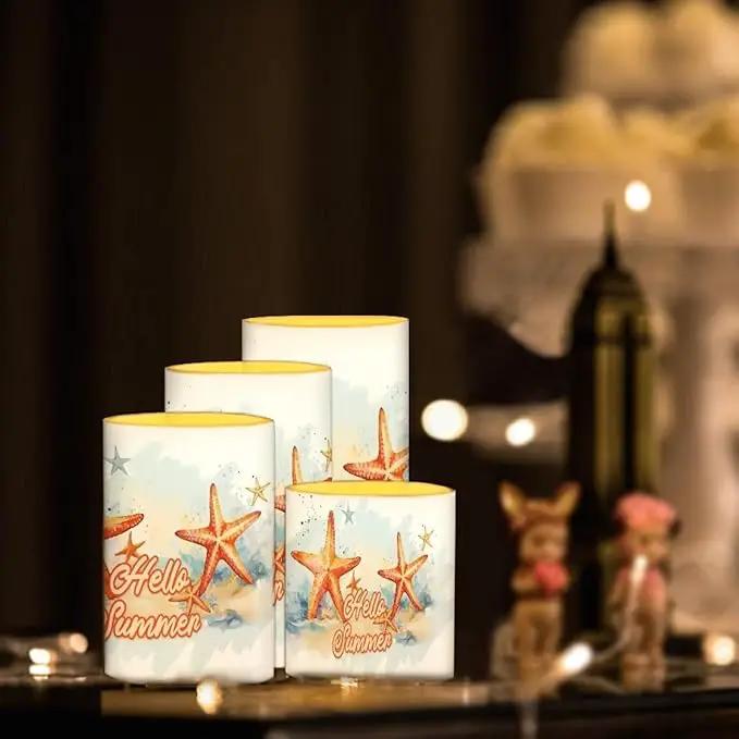 Flameless LED Candles Electric Candles with Remote Timer Control Color Changing Long Lasting Tealights Fake Candles Set of 4, Beach Themed Home Decoration, Starfish Hello Summer by GreenHaven Gardens
