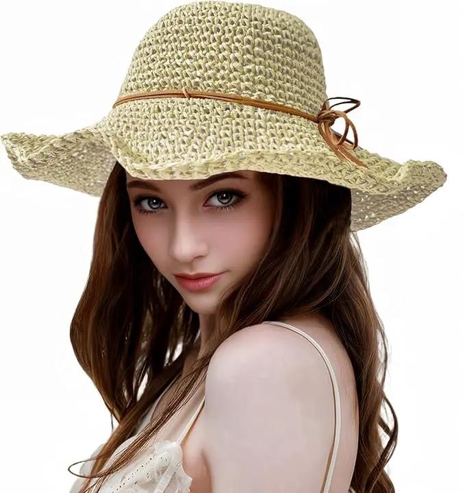Womens Straw Beach Sun Hats, Foldable Packable Floppy Handmade Crochet Hats for Women,Large Summer Vacation Wide Brim Hat by GreenHaven Gardens