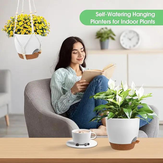 Hanging Planters for Indoor Outdoor Plants, 2 Pack Self Watering Hanging Pot with Drainage Holes, Removable Tray & 2 Kinds of Plant Hangers, 8'' Hanging Flower Pots for Home Garden Decor, White by GreenHaven Gardens