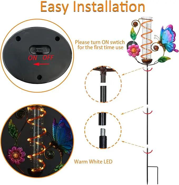 BAYN 36.3” Rain Gauge Outdoor Solar Powered 10 LEDs 7” Tube Garden Butterfly Metal Decorative Stake with Waterproof Large Glass Tube Rain Guage for Yard, Garden, Patio, Lawn by GreenHaven Gardens