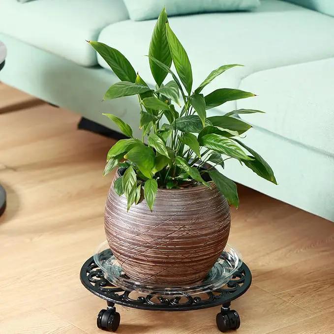 2 Packs 14 Inch Rolling Plant Stand with Wheels Metal Plant Caddy with Wheels Heavy Duty Round Plant Stand Indoor Iron Plants Rollers for Plants, Plant Dolly with Plant Saucers by GreenHaven Gardens