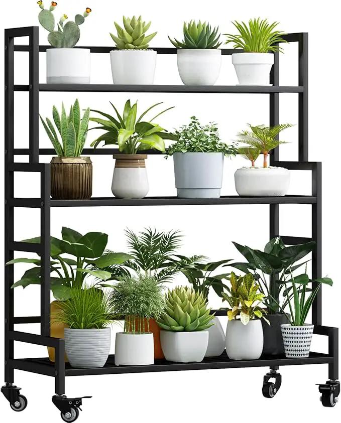 YIZAJIA Plant Stand Indoor 3 Tier Metal Outdoor Tiered Stands Shelf With wheel for Multiple Plants Potted Ladder Plant Holder Table Plant Pot Stand for Window Garden Balcony Living Room (3 Tier-Black) by GreenHaven Gardens