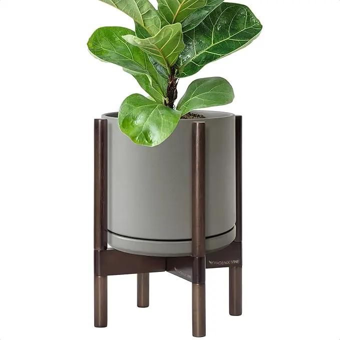D'vine Dev Ceramic Planter with Walnut Color Stand - 10 Inch Modern Round Flower Pot with Wood Planter Holder, Grey, 55-B-X-3 by GreenHaven Gardens