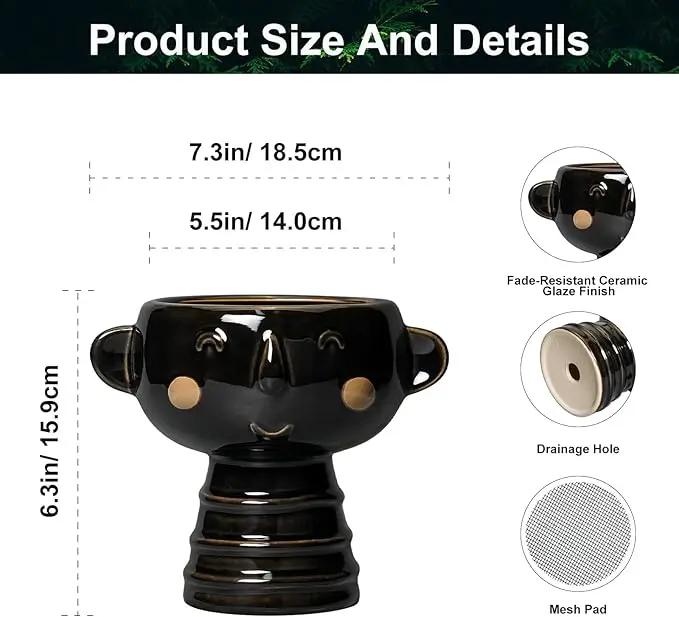 Face Planter - 7 Inch Ceramic Head Planters for Indoor Plants Outdoor, Cute Succulent Pots with Drainage Hole, Decorative Plant Pot, Home Office Room Decor, Black by GreenHaven Gardens