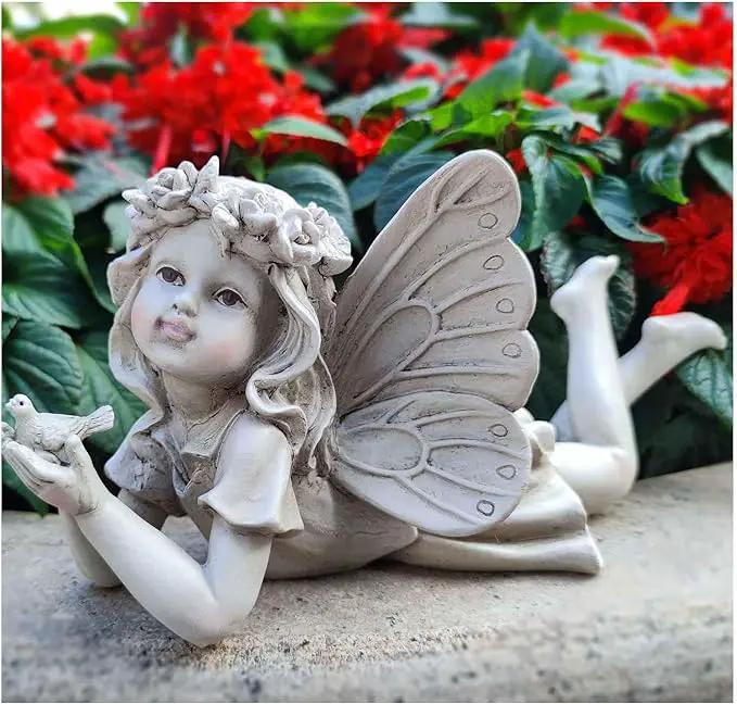 MeritMode Fairy Flower Garden Outdoor Statue - Angel Holding Bird and Butterfly, 11" Width, Cherub Decor and Grandma Gifts, Patio and Yard by GreenHaven Gardens