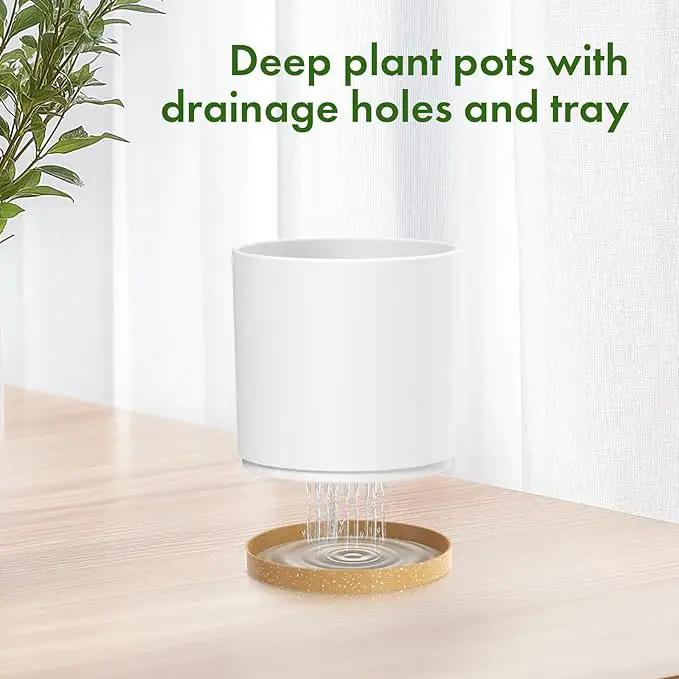 8/7/6 inch Plant Pots, 3 Pack Cylinder Flower Pots for Outdoor Indoor Plants, Decorative Plastic Planters with Drainage Holes and Saucers for Garden House Plants, White with Brown by GreenHaven Gardens