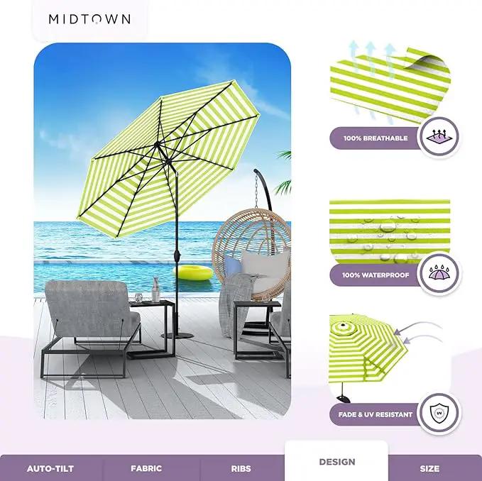 Midtown Umbrellas The Lean 8 Feet Outdoor Umbrella With Terylast Pear Stripes (Green/White Stripes) Polyester Fabric - Auto-Tilt Aluminum Frame Patio Umbrella For Deck, Garden, Pool - Black Pole by GreenHaven Gardens