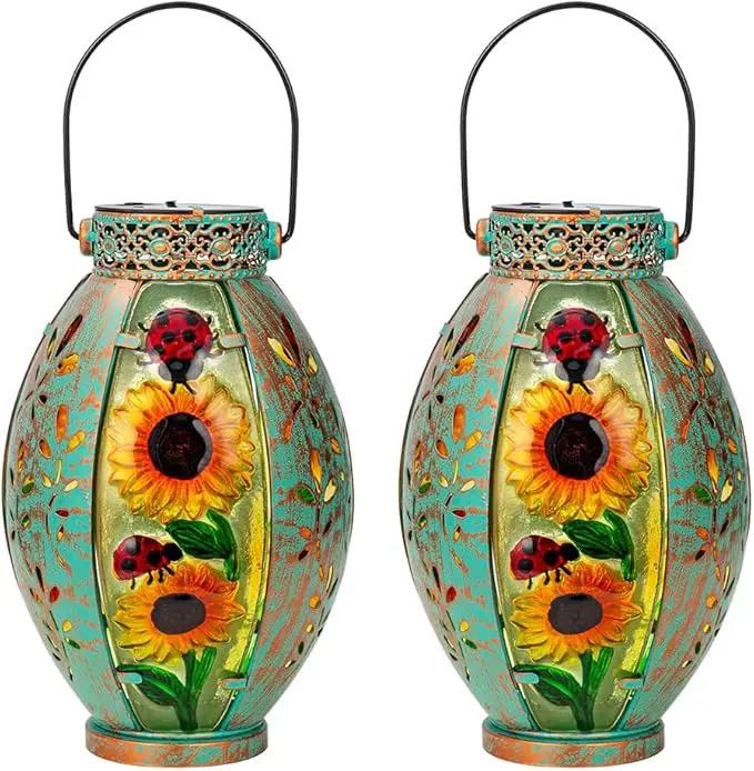 2 Pack Sunflower Solar Lantern,Retro Solar Lanterns Outdoor Waterproof,Stained Glass & Metal Hanging Solar Lantern,LED Tabletop Lamp Solar Lights,Sunflower Outdoor Solar Lanterns for Pathway by GreenHaven Gardens