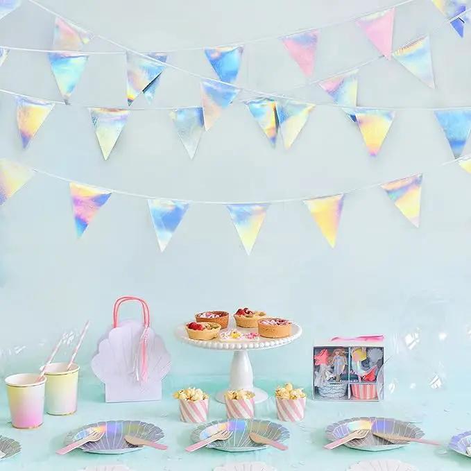 33Ft Iridescent Party Decoration Holographic Fabric Triangle Pennant Banner Flag Cotton Bunting Garland for Birthday Wedding Bridal Shower Bachelorette Engagement Disco Euphoria Galaxy Party Supplies by GreenHaven Gardens