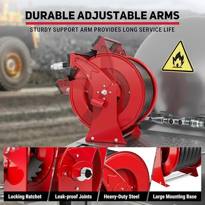 Fuel Hose Reel 1" x 50FT Extra Long Retractable Diesel Reel 300 PSI Auto Swivel Rewind Diesel Hose Reel with Fueling Nozzle Industrial Carbon Steel for Vehicle Tank Truck Trailer Ship, Red by GreenHaven Gardens