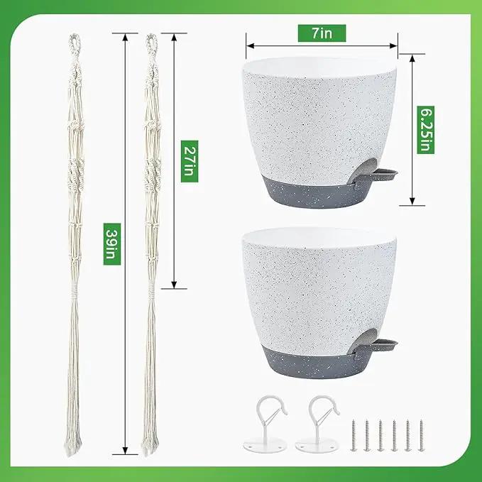 2 Pack Self Watering Hanging Planters Indoor Flower Pots, 6.5 Inch Hanging Pot Macrame Hanging Plant Holders with 2 Hooks Drainage Holes for Garden Home by GreenHaven Gardens