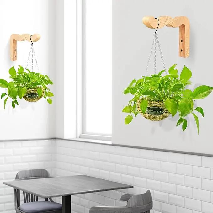 FGSAEOR Plant Hangers Outdoor, Hanging Plant Hooks for Indoors, Wave-Shaped Wooden Hanging Baskets for Wall Plant Hooks Heavy Duty for Flower Pots Wind Chimes and Bird Feeders (2-Pack, 6.8-Inch) by GreenHaven Gardens