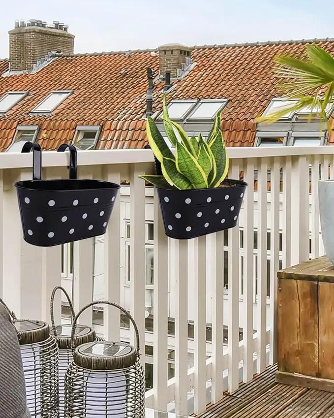 vensovo Metal Railing Planter for Outdoor Plants - 3 Pack Balcony Hanging Flower Pots with Detachable Hooks and Drain Holes Oval Bucket Rail Box Fence Planters for Home Garden Decor, Black with Spot by GreenHaven Gardens