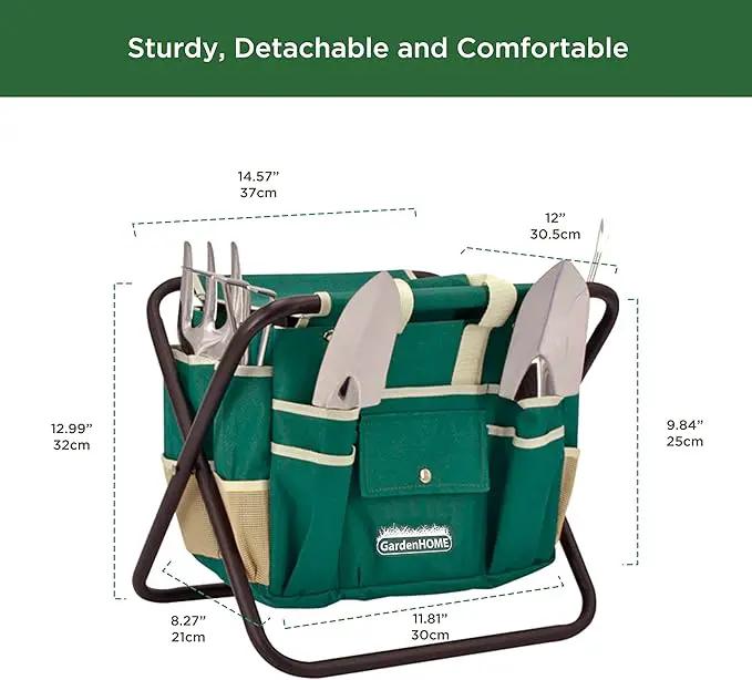 Gardening Tool Set, Stainless Steel 7-Piece Gardening Tools with Heavy-Duty Folding Stool and Detachable Canvas Tote Bag, Green and White, Ideal Gardening Gifts for Women and Men by GreenHaven Gardens