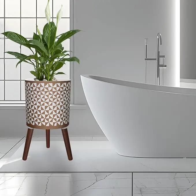 10 Inches Plant Pots with Wood Stand Large Modern Standing Planters for Indoor Mid Century Flower Pot with Drainage Holes Big White & Gold Planters for Living Room, Office, Garden or Balcony by GreenHaven Gardens