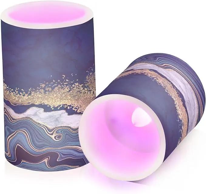 Flickering Flameless Candles, Navy Blue Marble Golden Veins LED Candles with Remote Timer, Set of 2 Battery Operated Candle for Valentine Wedding Birthday by GreenHaven Gardens