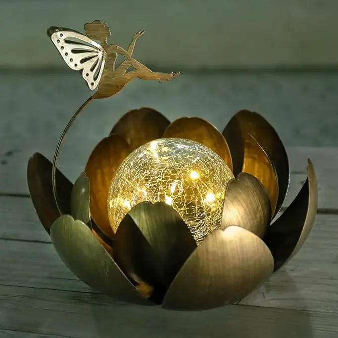 MUMTOP Solar Lights Fairy Garden Decor, Waterproof Metal Solar Lanterns Outdoor Crackle Globe Glass Lotus Flower Table Lamp for for Patio Pathway Yard Balcony Garden Decorations by GreenHaven Gardens