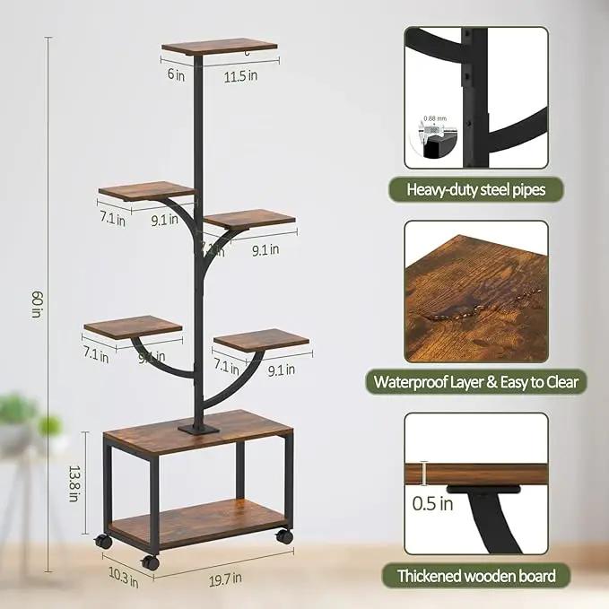 Plant Stand Indoor with Grow Lights, 60" Tall 7-Tier Metal Plant Stand with Wheels & Tree-Shaped Design for Indoor Plants, Flower Holder Display Rack for Home, Patio - Black by GreenHaven Gardens