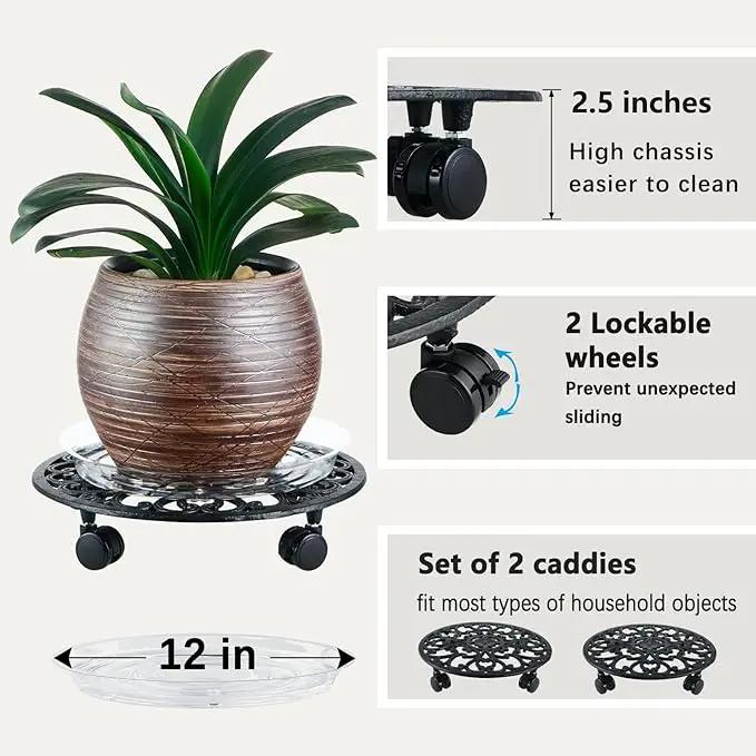 2 Packs 14 Inch Rolling Plant Stand with Wheels Metal Plant Caddy with Wheels Heavy Duty Round Plant Stand Indoor Iron Plants Rollers for Plants, Plant Dolly with Plant Saucers by GreenHaven Gardens