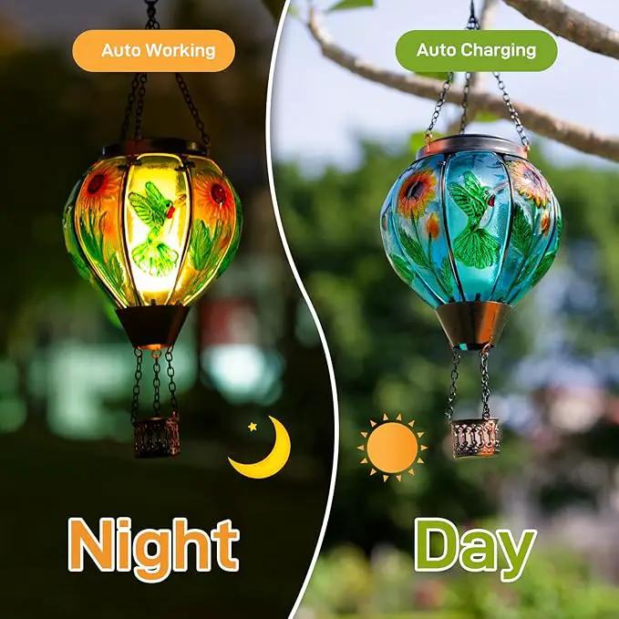 Hummingbird and Sunflower Solar Hot Air Balloon Lantern with Flame, Glass Hot Air Balloon Solar Lantern Outdoor Waterproof, Hanging Solar Lantern for Outside Garden Patio Tree Porch Yard by GreenHaven Gardens