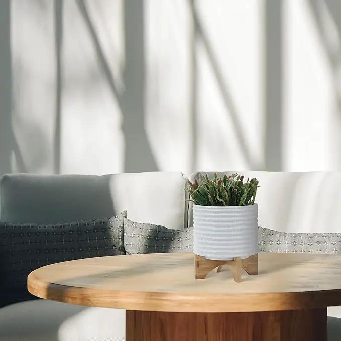 8" Ceramic Planter Stand, White with Wooden Base, Indoor/Outdoor Planter with Stand for Your Succulents and Small Plants, White Planter by GreenHaven Gardens