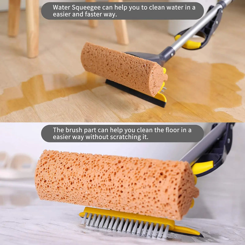 Yocada Sponge Mop Home Commercial Use Tile Floor Bathroom Garage Cleaning Total 3 Sponge Heads Squeegee and Extendable Telescopic Long Handle 42.5 to 52 Inches Easily Dry Wringing Only 3 Heads by GreenHaven Gardens